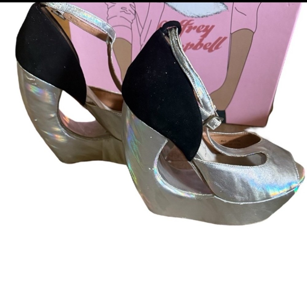 JEFFREY CAMPBELL ROCKSLIP Holographic Suede PEEP-TOE PLATFORM Wedges🌈🦄 7.5